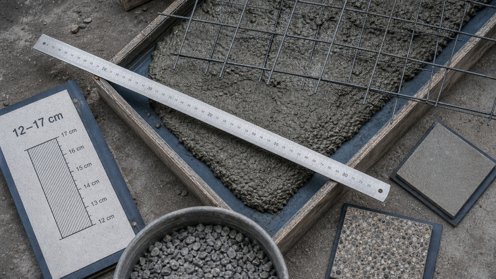 Dalle en béton armé : coffrage avec béton frais et treillis acier