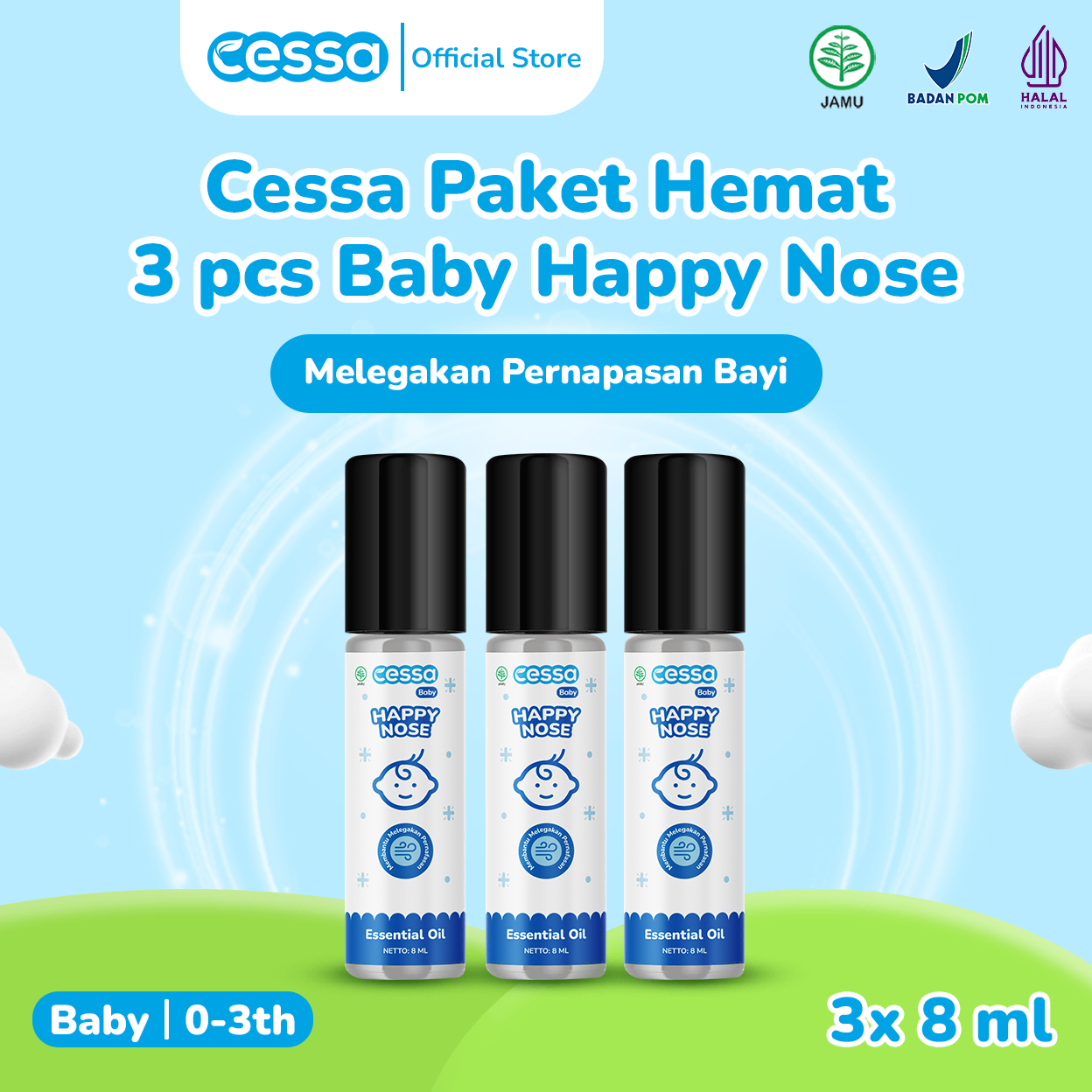 Cessa Paket 3 Pcs Happy Nose Baby 8 Ml - Natural Essential Oil Melegakan Pernapasan