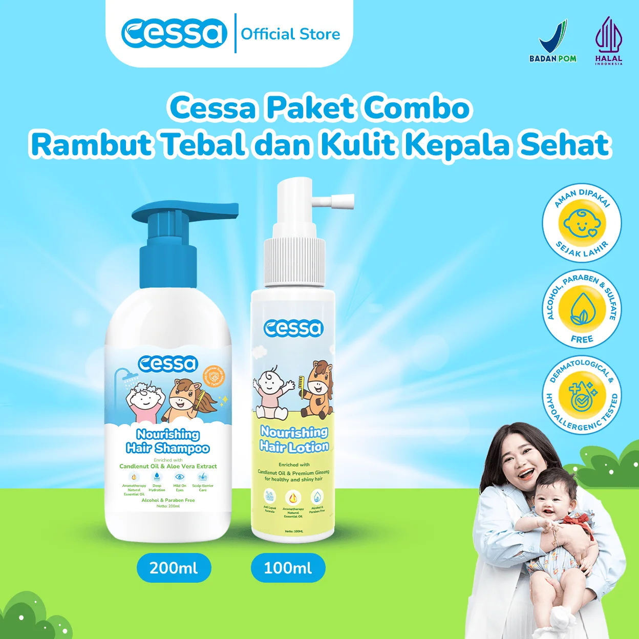 Cessa Paket Combo Rambut Tebal dan Kulit Kepala Sehat Nourishing Hair Shampoo 200ml & Nourishing Hair Lotion 100ml