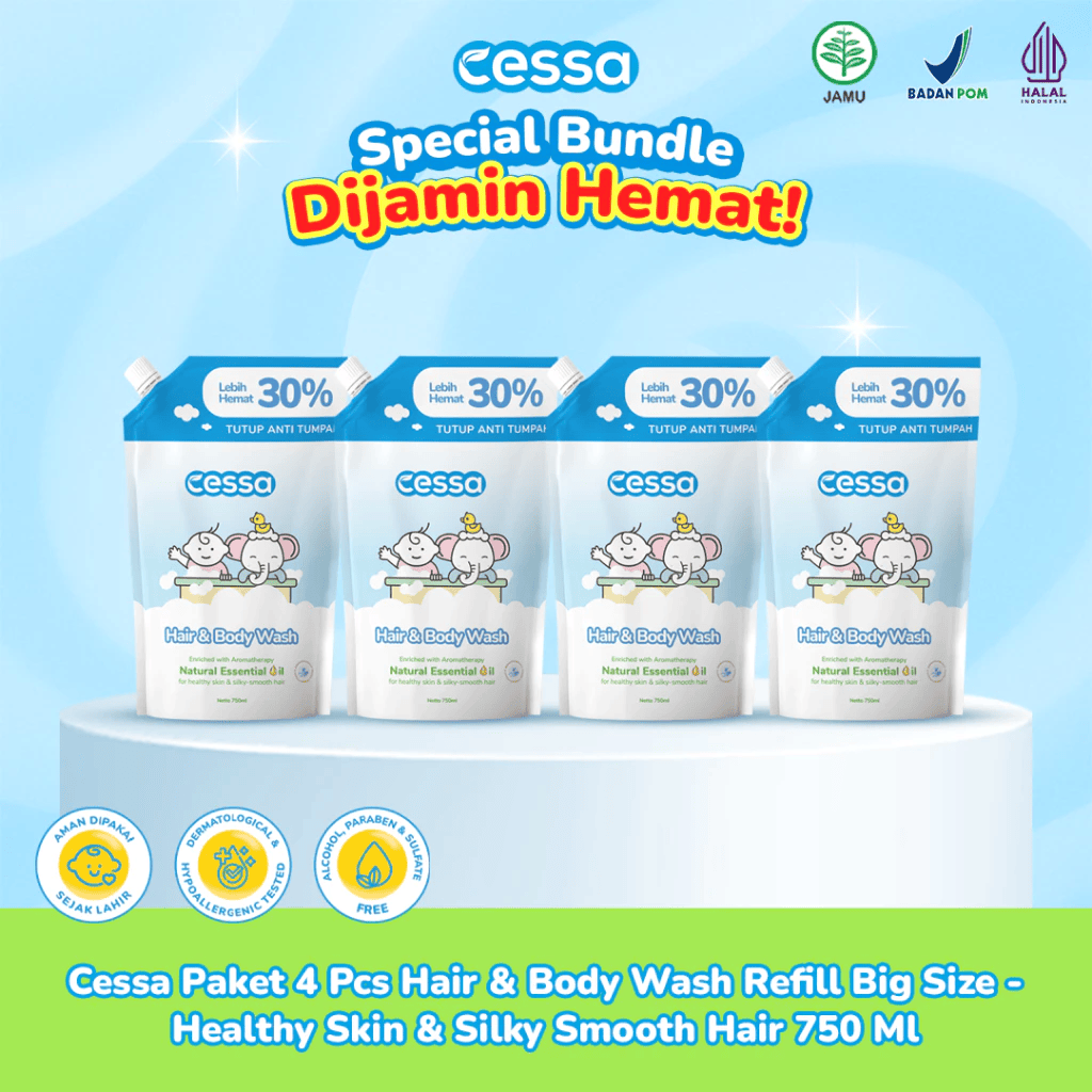 Cessa Paket 4 Pcs Hair & Body Wash Refill Big Size - Healthy Skin & Silky Smooth Hair 750 Ml