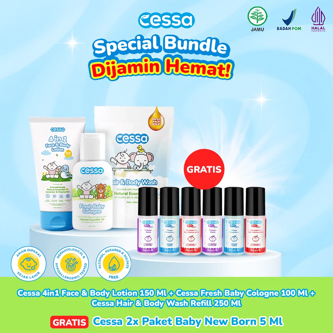 Buy 3 Get 9 - Cessa 4in1 Face & Body Lotion 150 Ml + Cessa Fresh Baby Cologne 100 Ml + Cessa Hair & Body Wash Refill 250 Ml Free Cessa 2x Paket Baby New Born 5 Ml