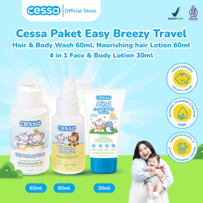 Cessa Paket Easy Breezy Travel - Hair & Body Wash 60ml + Nourishing hair Lotion 60ml + 4 in 1 Face & Body Lotion 30ml
