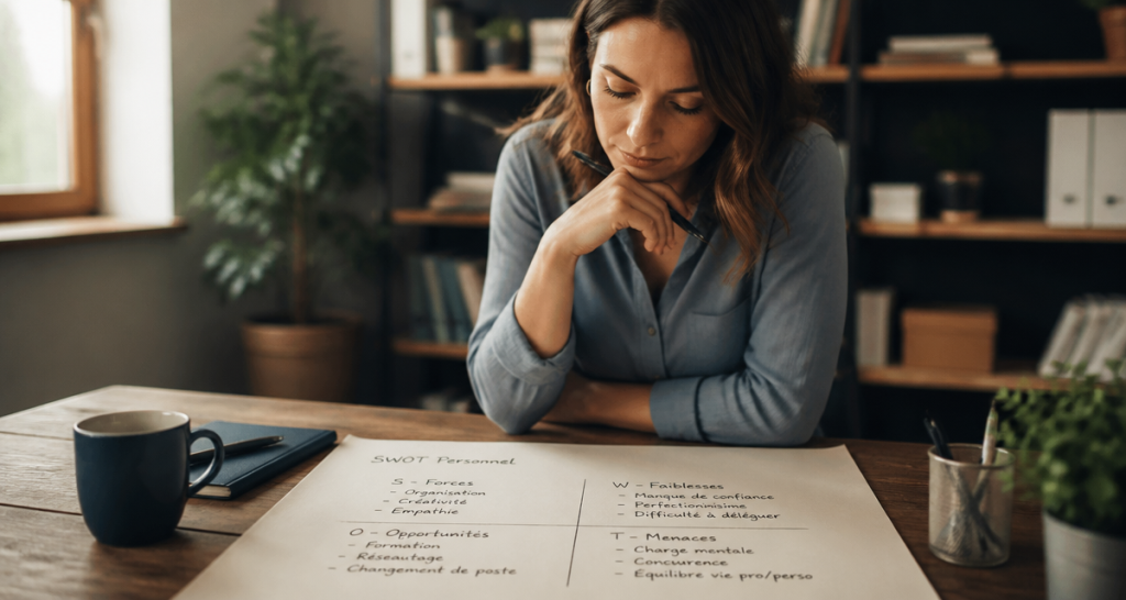 Femme analysant une matrice swot personnel manuscrite