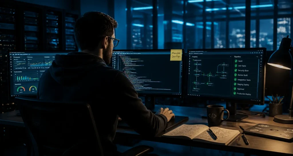 Emploi DevOps ingénieur devant écrans dashboards