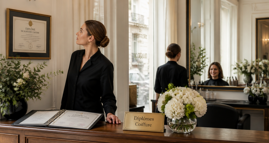 quel diplôme pour ouvrir un salon de coiffure, coiffeuse examinant diplôme dans salon parisien