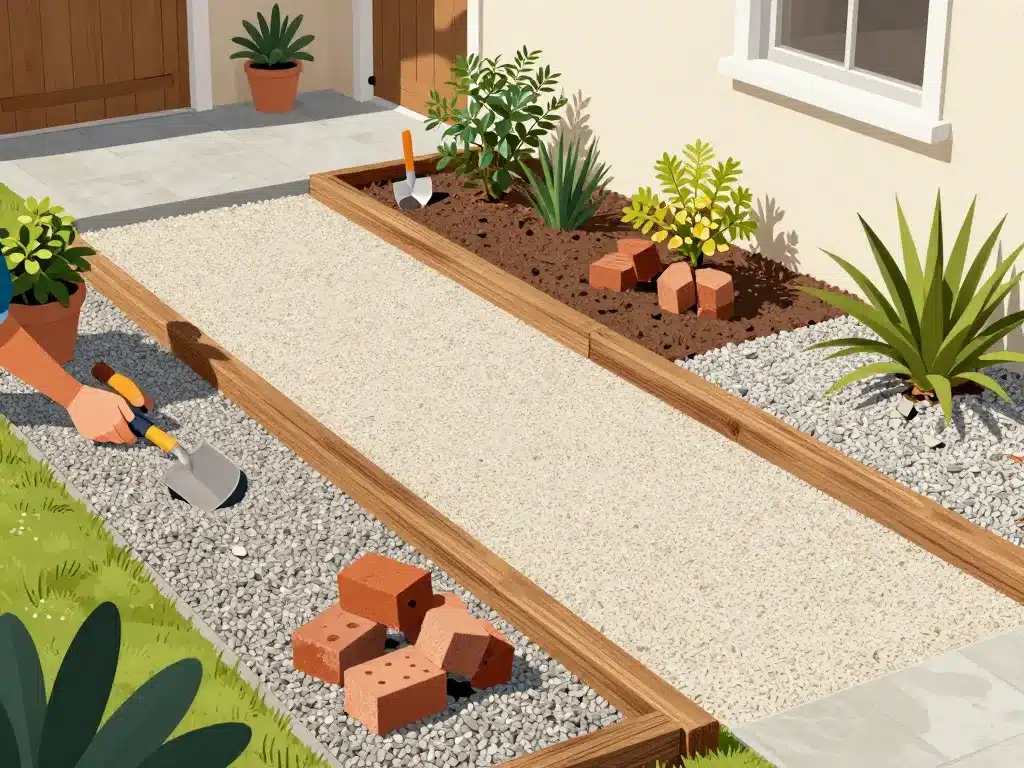 aménagement devant maison pas cher allée gravier bordures bois