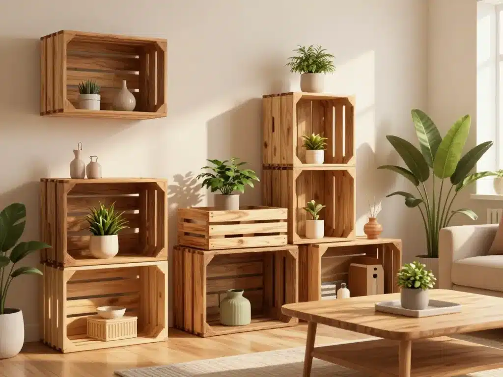Cagettes utilisées comme étagères, rangement et décoration moderne
