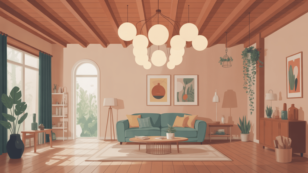 eclairage plafond poutre apparente illustration salon lumineux