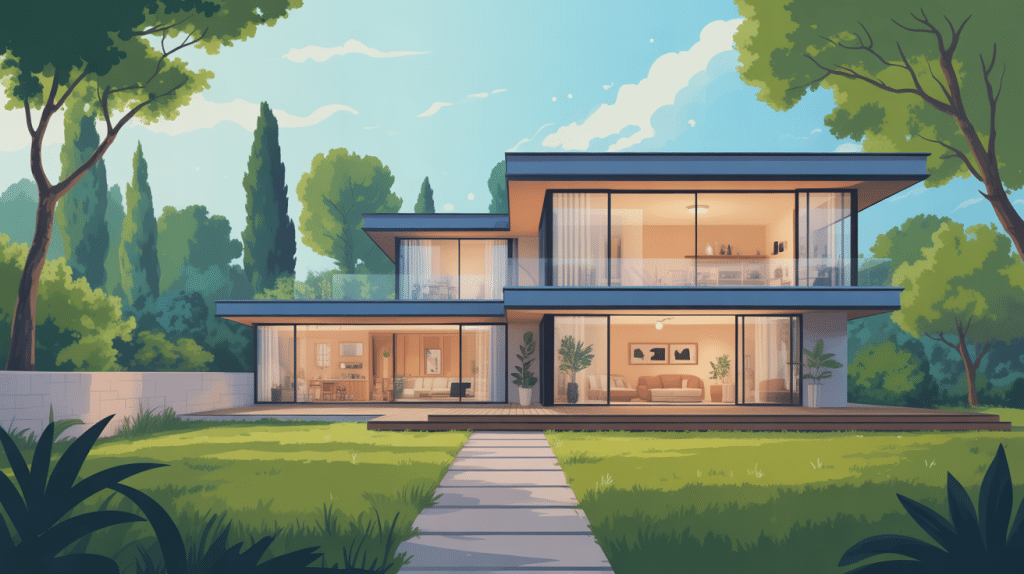 maison en l moderne illustrée dans un jardin verdoyant