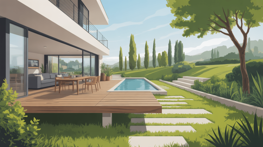 terrasse sur pilotis moderne maison contemporaine vue jardin