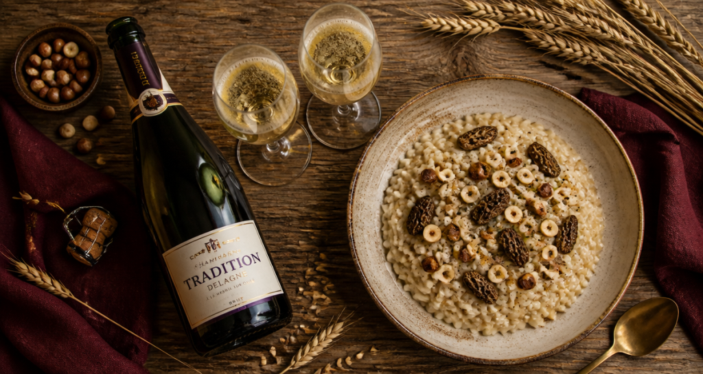 champagne tradition de delagne et risotto morilles