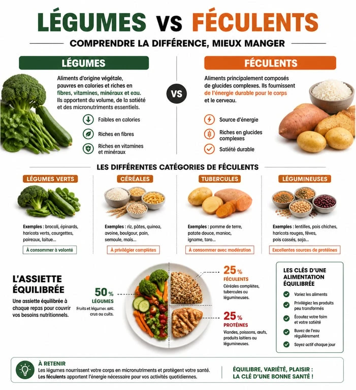 Infographie comparative : légumes vs féculents pour une alimentation équilibrée