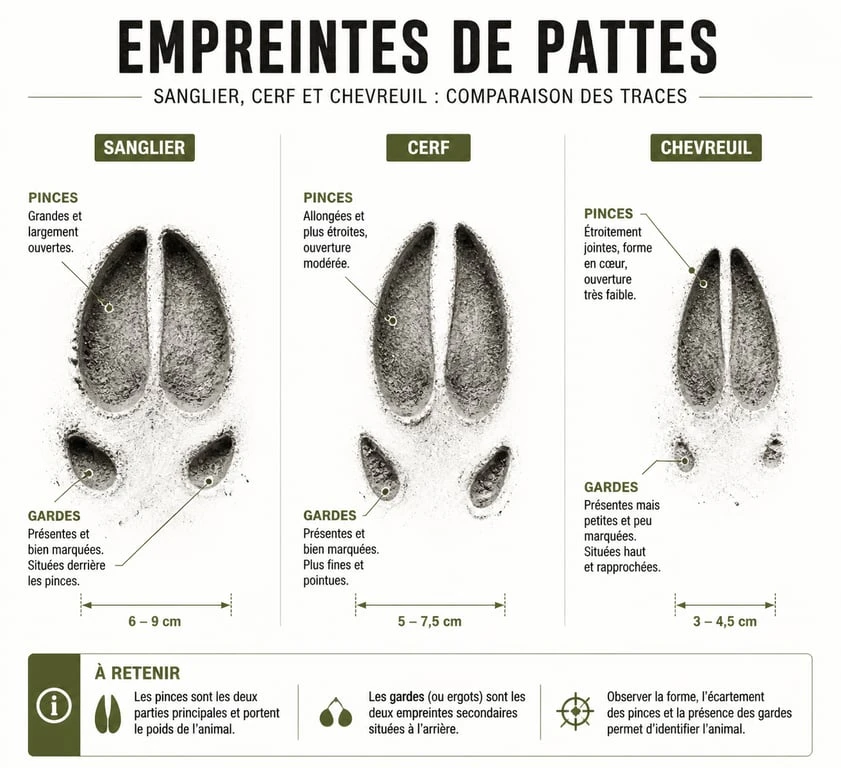 Comparatif visuel des traces de sanglier, cerf et chevreuil pour identification en forêt
