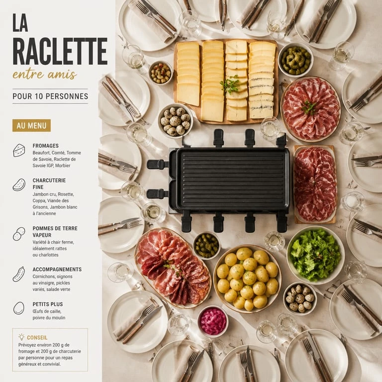 Plateau de raclette gourmand et varié pour 10 personnes avec fromage, charcuterie et pommes de terre
