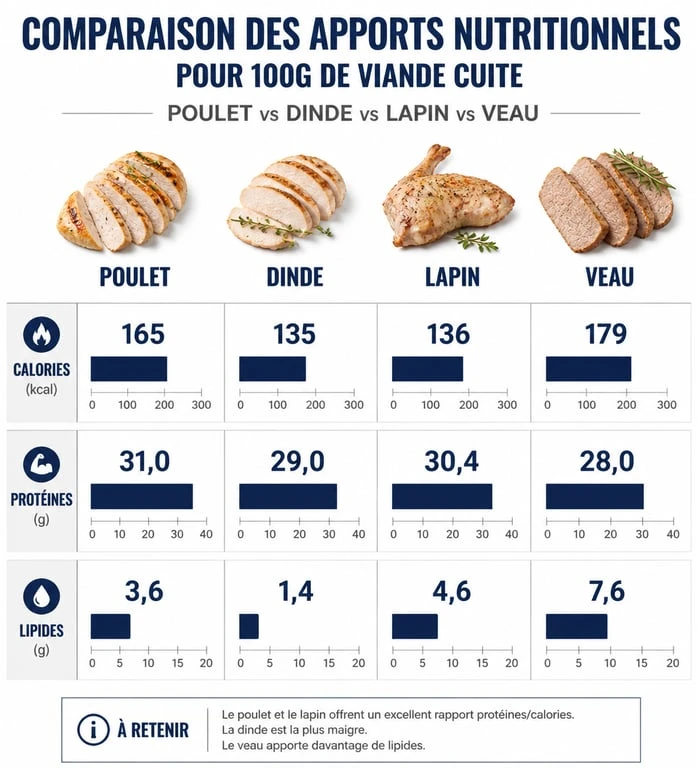 Infographie comparative des apports nutritionnels des viandes blanches pour un régime