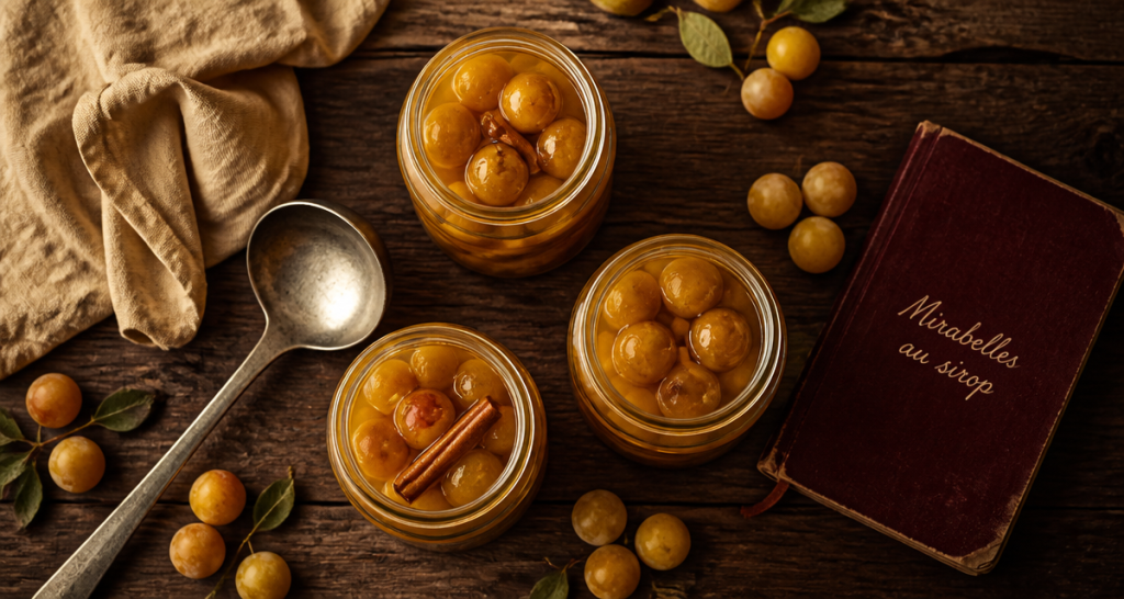 Mirabelle au sirop sans stérilisation en bocaux sur table rustique