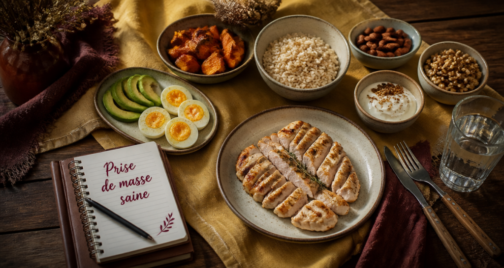 prise de masse musculaire aliments sur table rustique