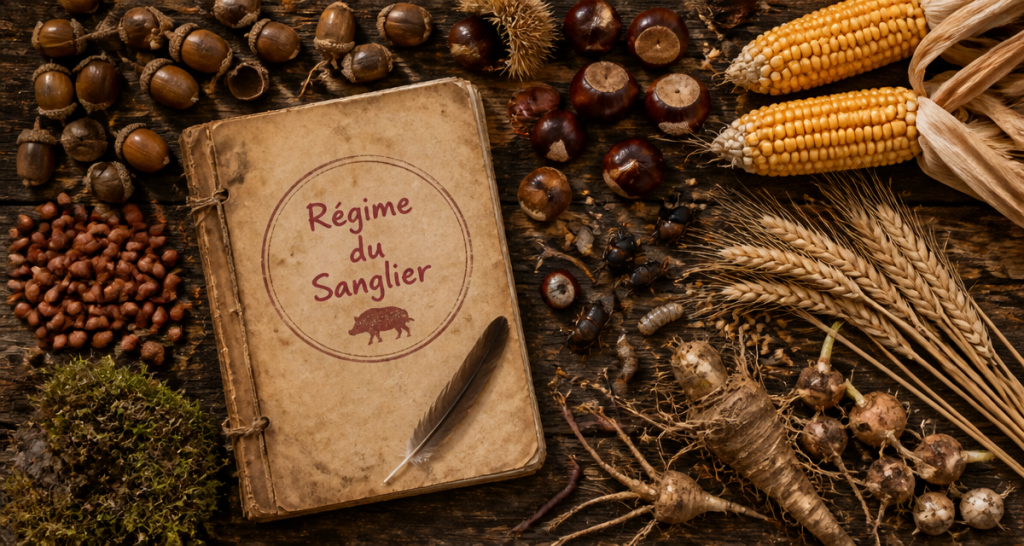 que mange les sangliers glands maïs racines sur table