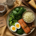 Assiette aliments pauvre en glucide sur table rustique