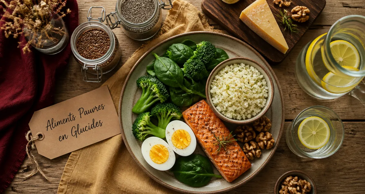 Assiette aliments pauvre en glucide sur table rustique