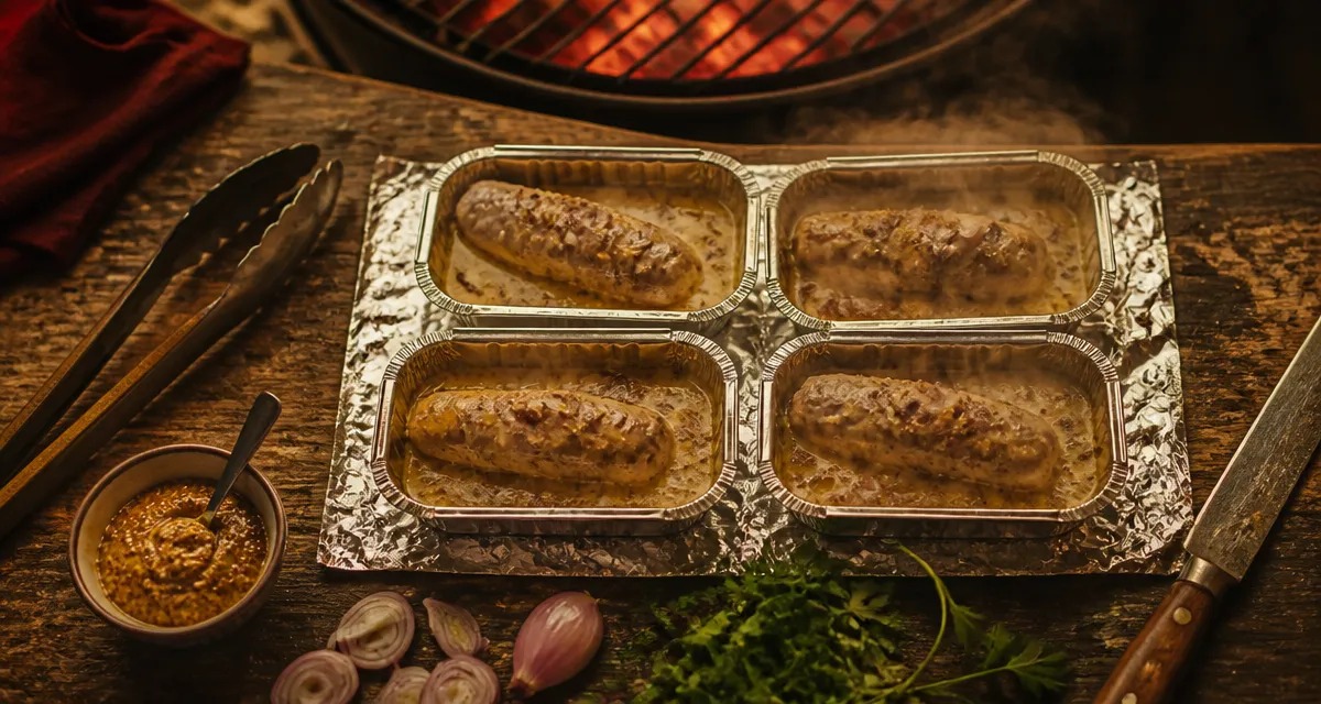 Andouillette barbecue en papillote papier aluminium avec moutarde, vapeur aux bords
