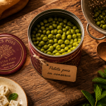 Bienfait petit pois en conserve boîte ouverte sur planche