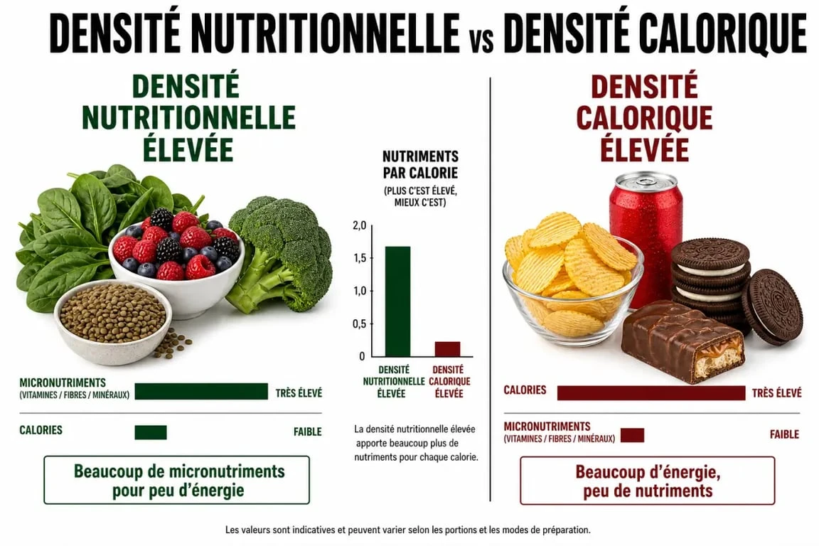 Infographie comparative sur la densité nutritionnelle et calorique dans le cadre d'une alimentation healthy