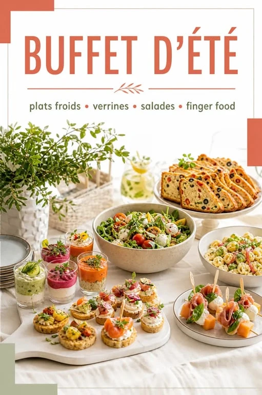 Buffet de repas froid entre amis avec salades, cakes salés et verrines