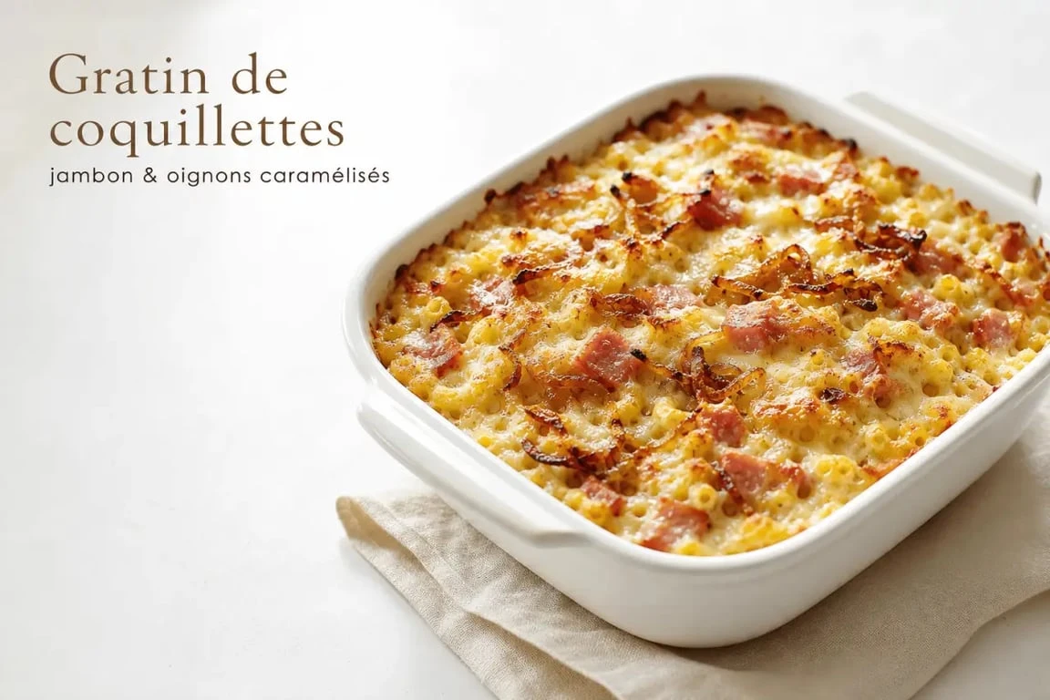 Gratin de coquillettes au jambon et oignons, une recette facile et pas cher pour un repas réconfortant.