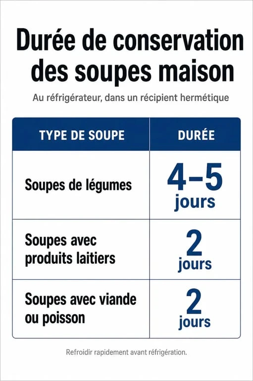 Infographie sur la durée de conservation des soupes maison au réfrigérateur selon les ingrédients