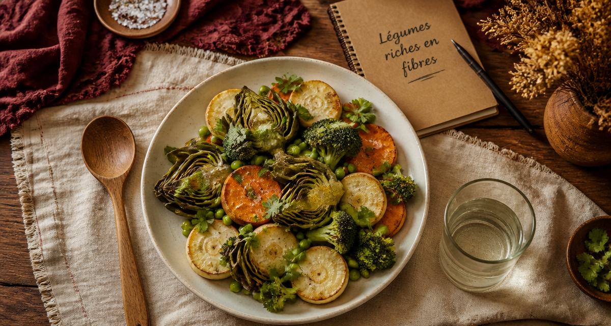 Assiette de legumes riches en fibres sur table rustique
