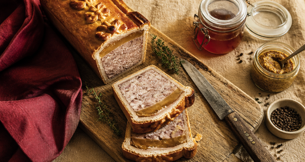 paté en croute origine sur planche bois avec gelée