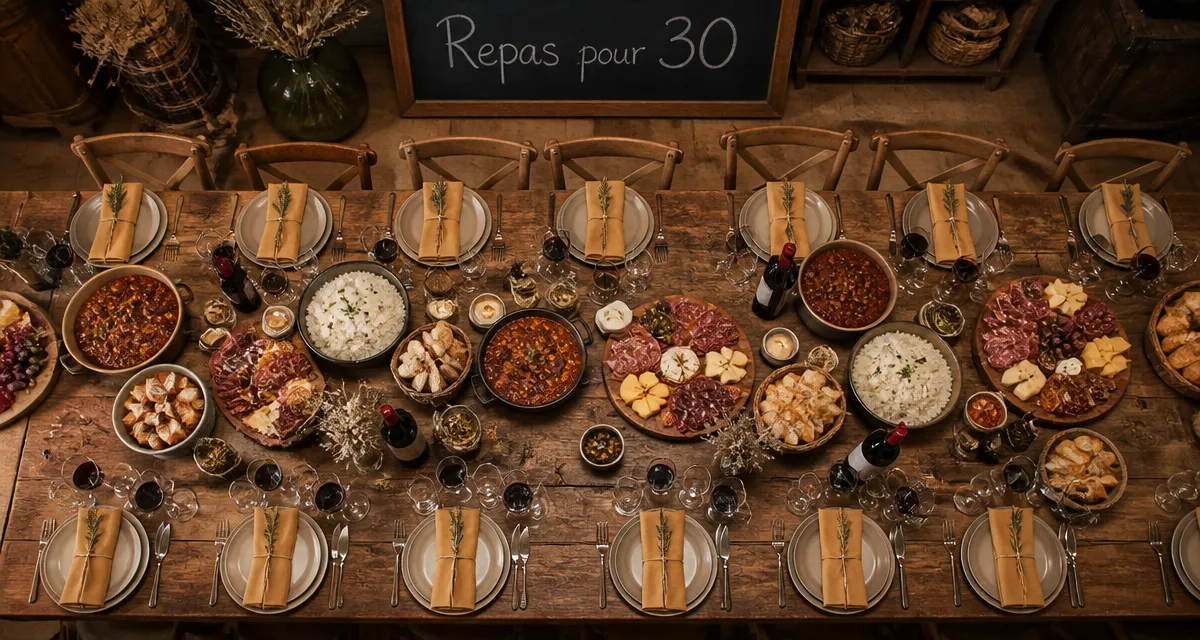 repas pour 30 personnes table dressée plats généreux