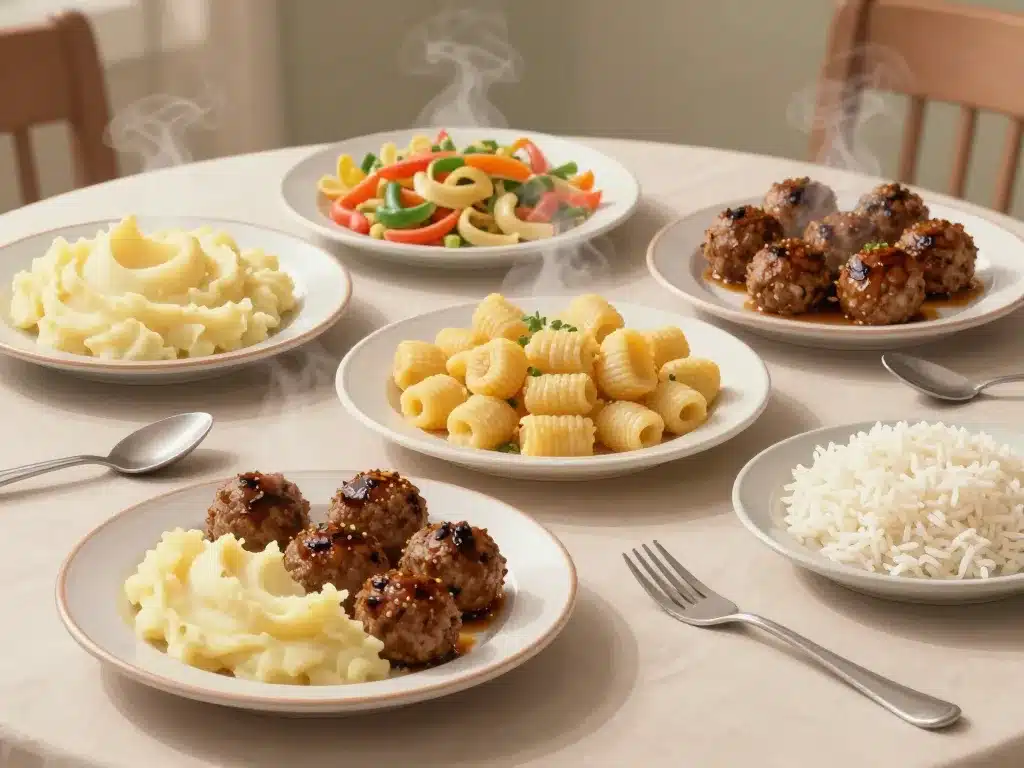 accompagnement boulette de viande avec purée pâtes riz