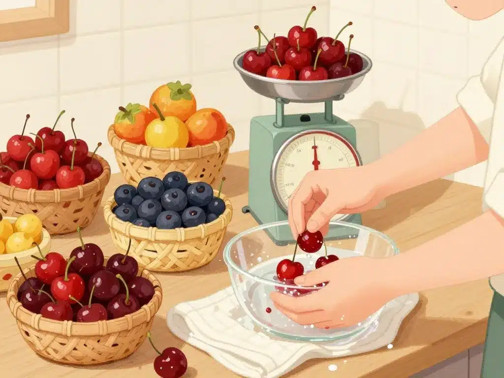 sélection et préparation cerises pour confiture de cerises