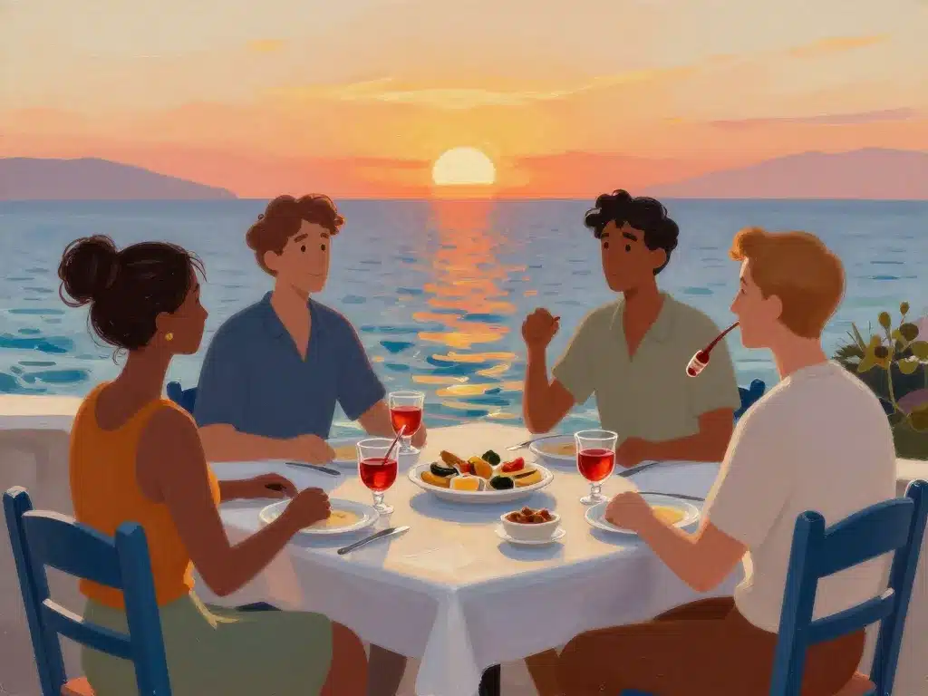 scène de partage d'ouzo à la taverne grecque en bord de mer