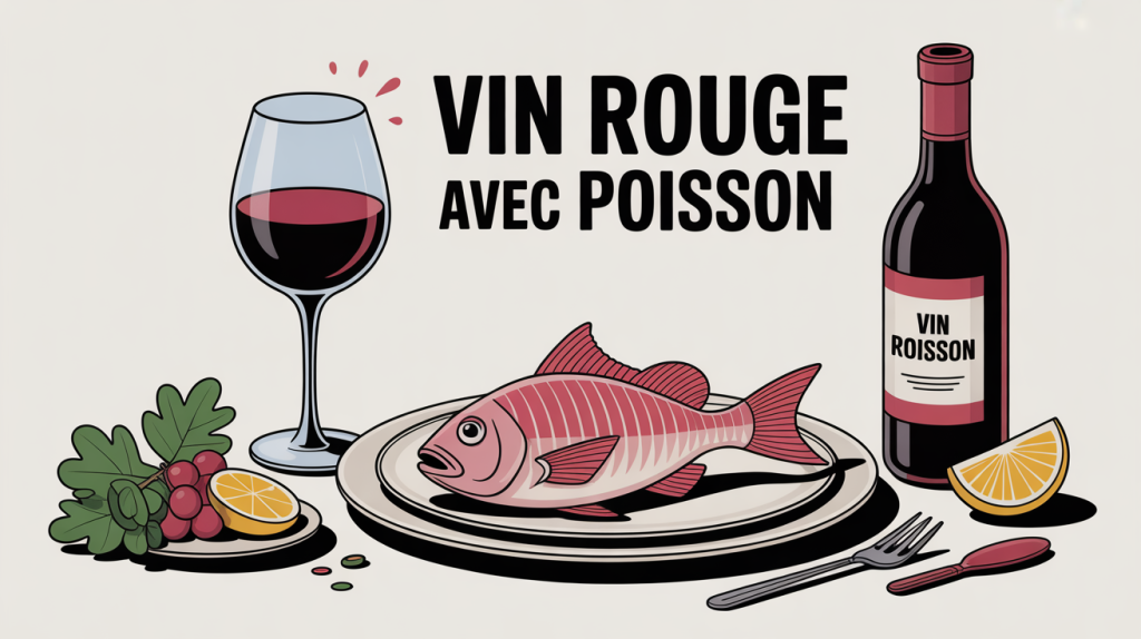 illustration quel vin rouge avec poisson sur table raffinée