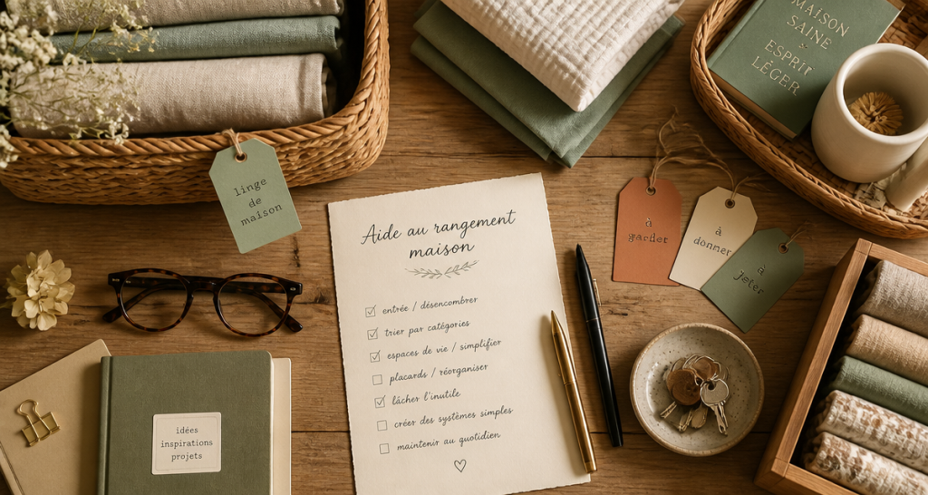Aide rangement maison avec paniers et checklist
