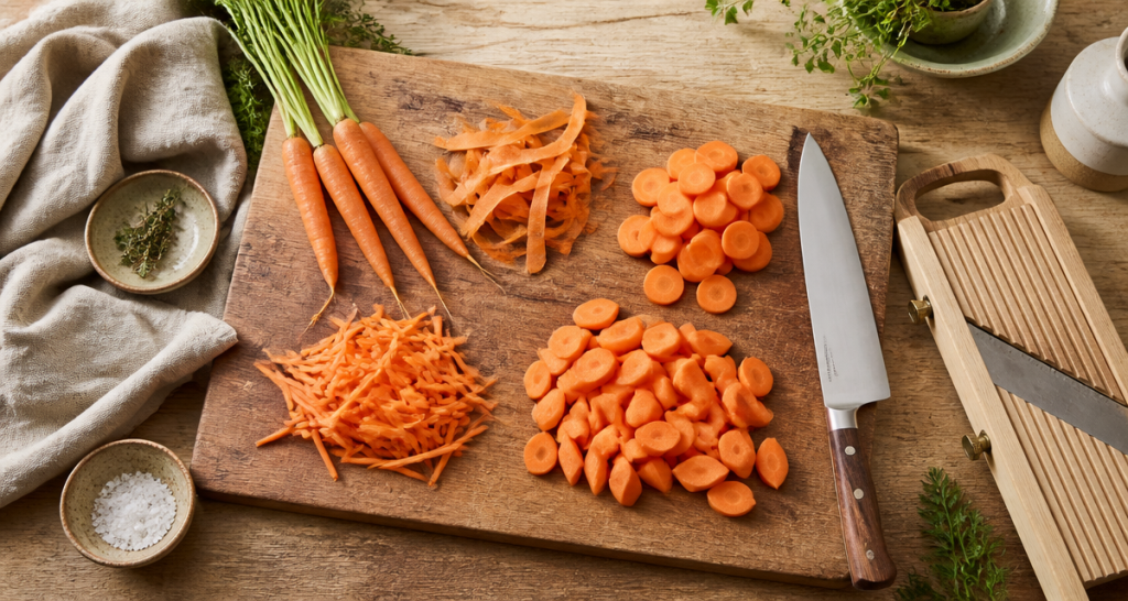 Émincer carotte en rondelles, julienne, sifflets sur planche