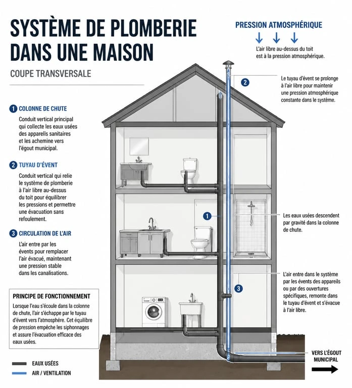 Schéma de fonctionnement d'un évent de plomberie dans une maison