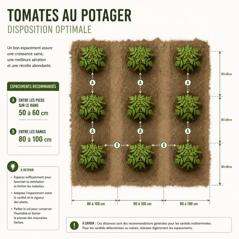 Schéma des distances de plantation entre les pieds de tomates pour un potager sain