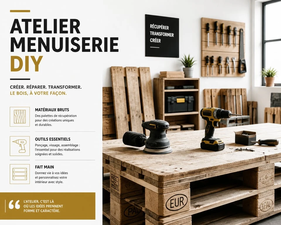 Atelier de fabrication de meuble en palette avec outils de bricolage