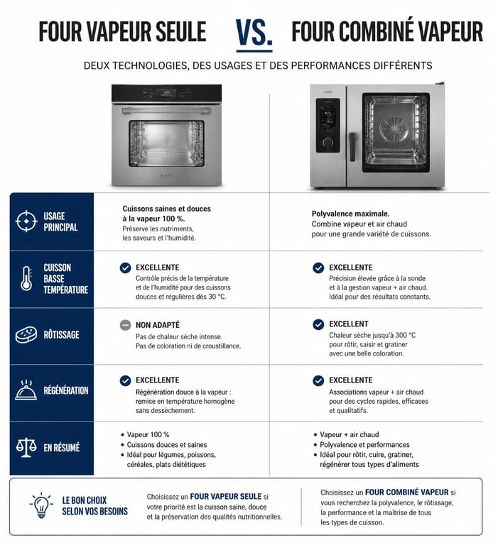 Comparatif des technologies de cuisson : four vapeur seule vs four combiné vapeur pour choisir le meilleur four vapeur.