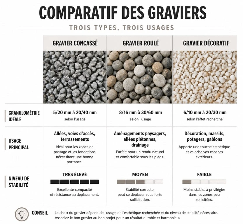 Comparatif des types de graviers pour terrasse : concassé, roulé et décoratif selon leur granulométrie et usage