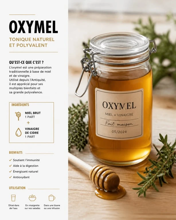 Recette oxymel maison dans un bocal en verre avec herbes aromatiques
