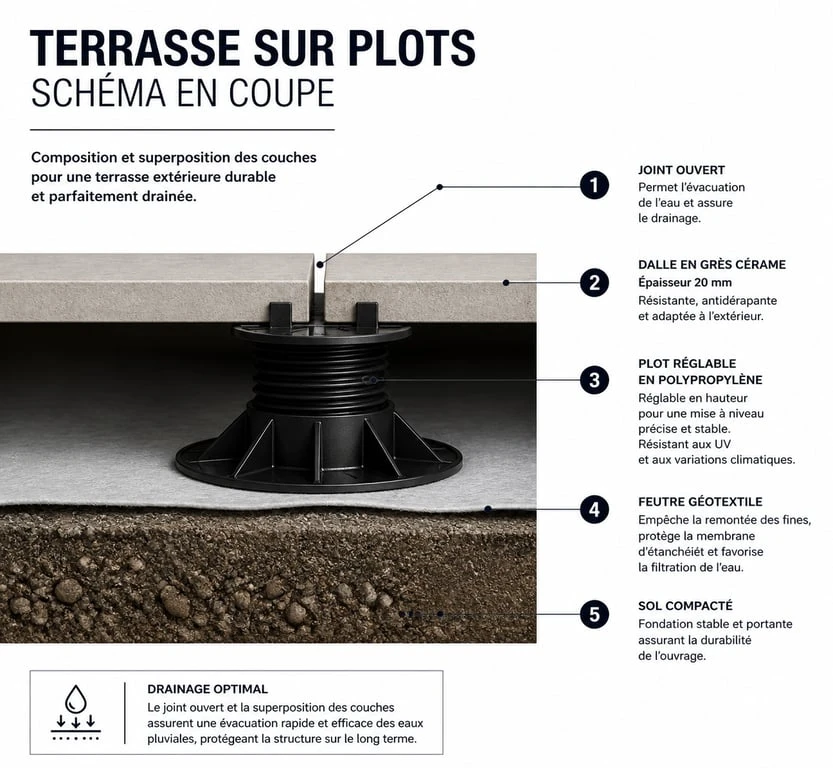 Schéma en coupe d'une terrasse sur plots avec carrelage 20mm