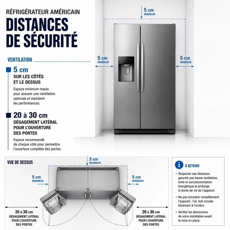 Schéma technique des distances de ventilation et d'ouverture pour l'intégration d'un réfrigérateur américain