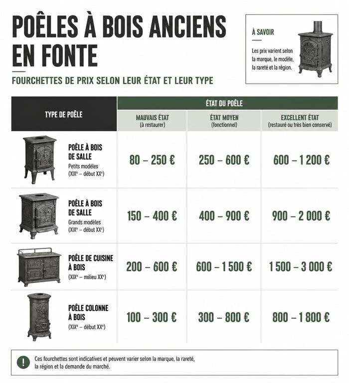Tableau récapitulatif des prix des poêles à bois anciens en fonte selon l'état et le modèle