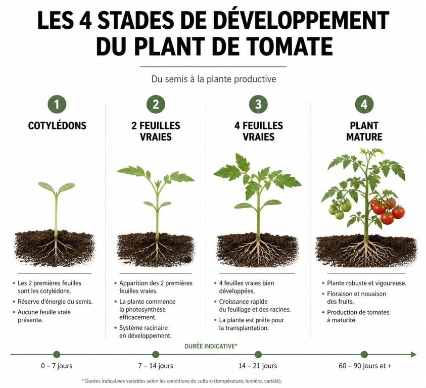 Stades de développement d'un plant de tomate pour le repiquage