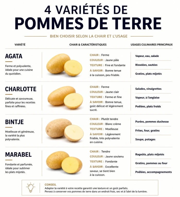 Infographie des variétés de pommes de terre et leurs usages culinaires pour 1 kg de pommes de terre